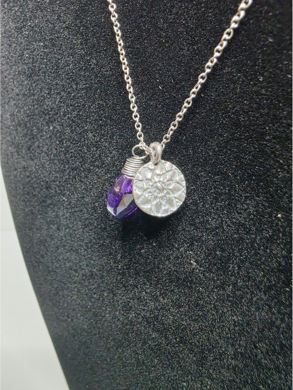 Dainty Vintage Sterling Amethyst Flower Necklace 16"